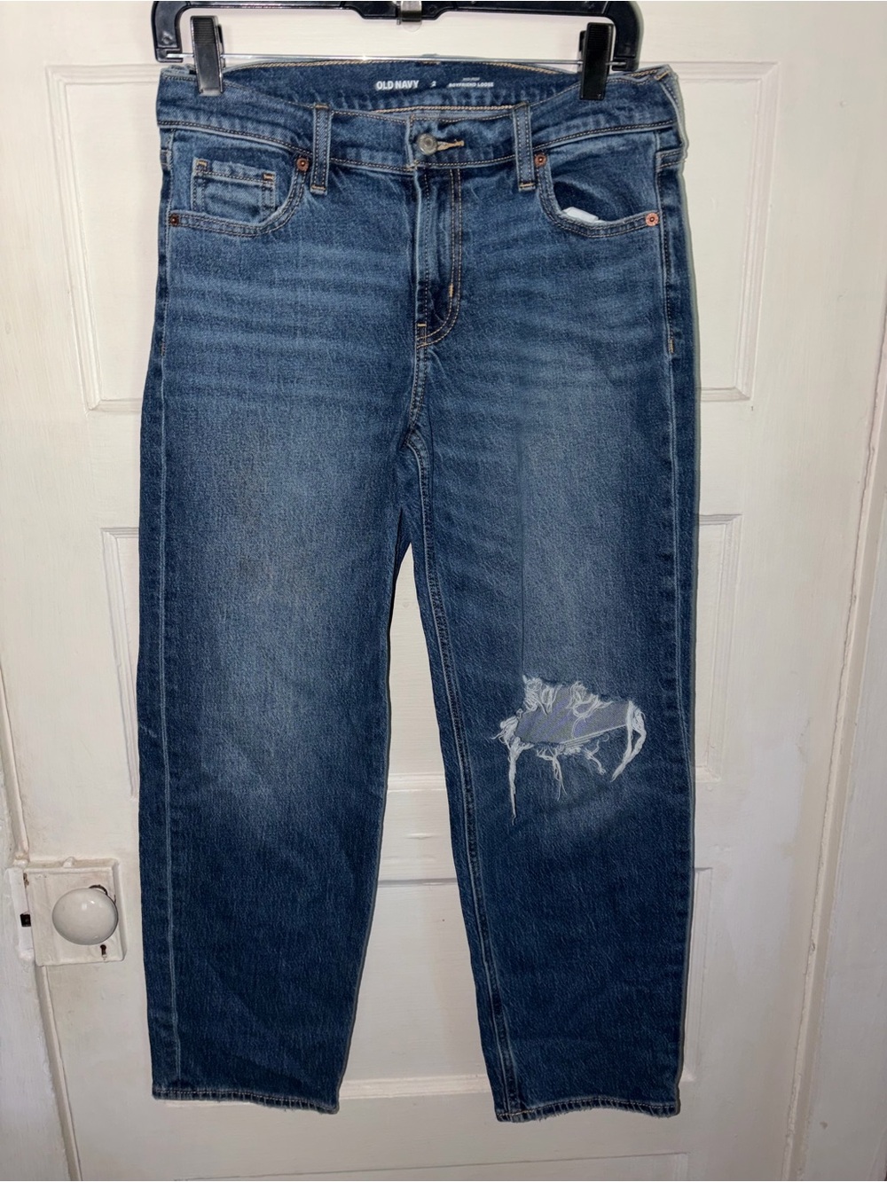 Old Navy Boot Cut Jeans in Dark Blue with Distressed Knee